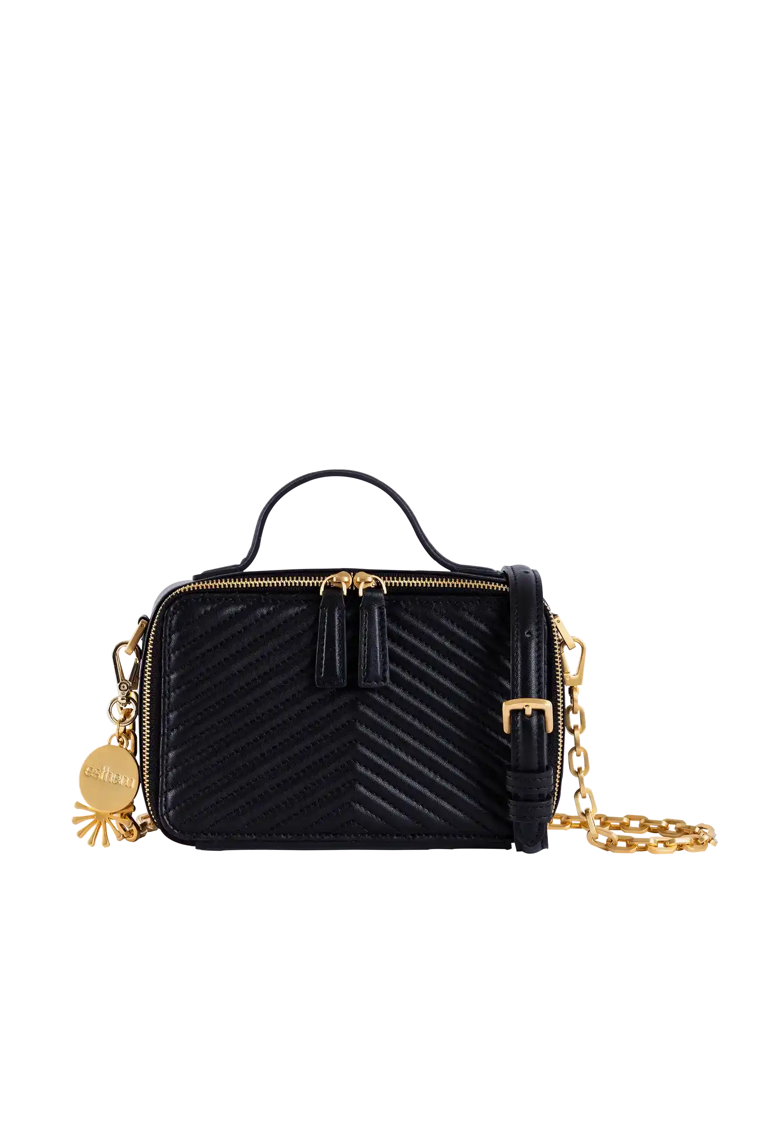 Bolsa preta com textura em V, alça de corrente dourada e detalhes elegantes