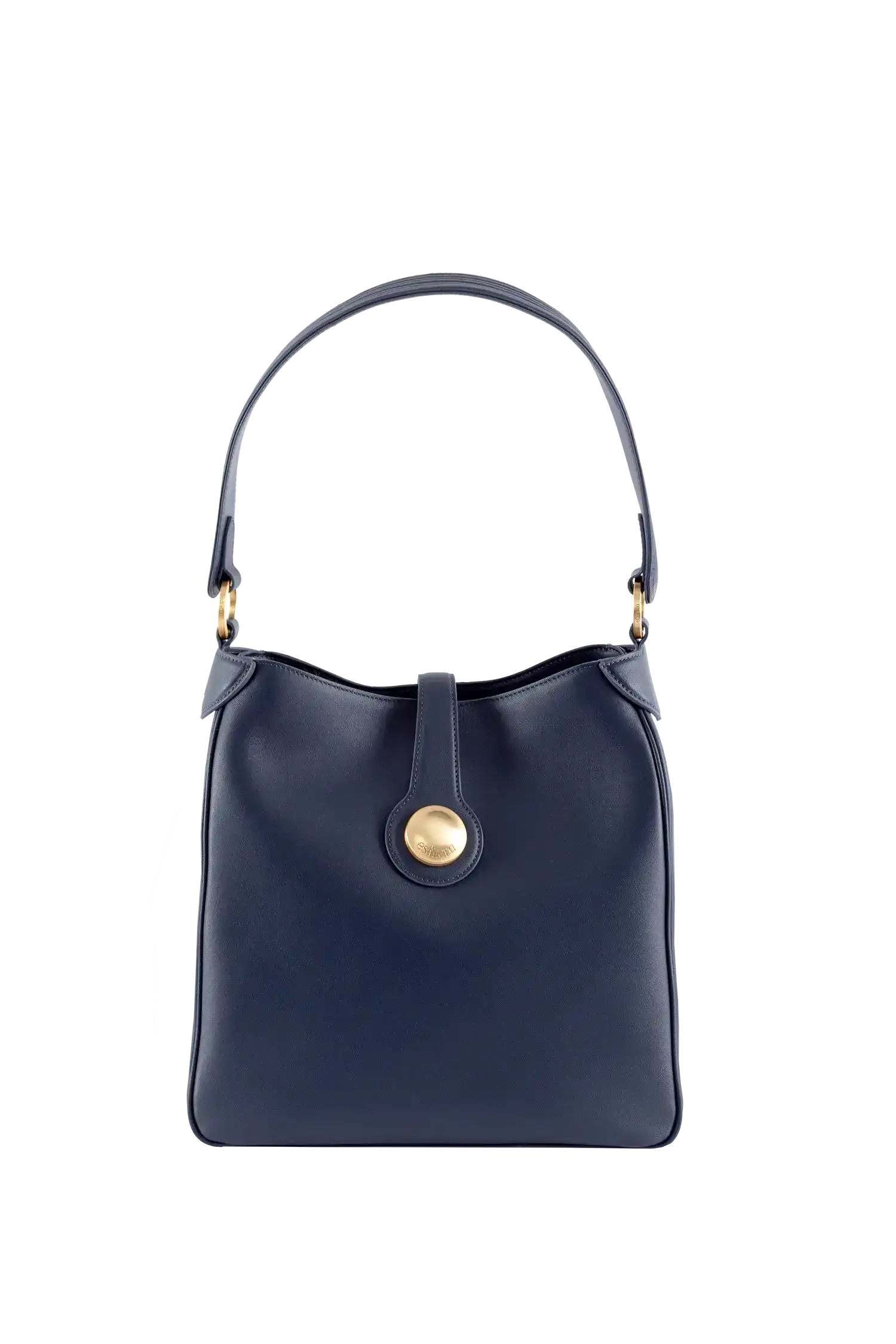 Bolsa azul marinho com alça de mão e detalhe dourado, design brasileiro sofisticado e funcional