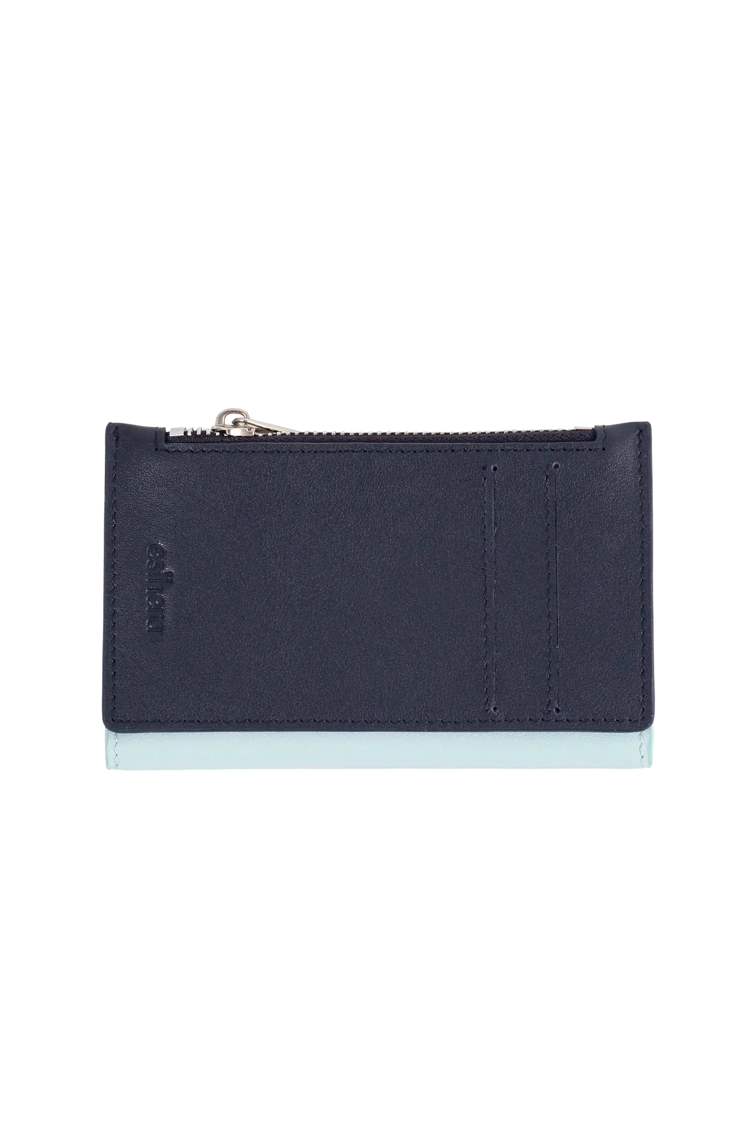 Carteira modular em couro legítimo nas cores azul claro e bege com bolso removível prático e compartimentos internos para cartões, acabamento refinado de alta qualidade, perfeito para proteger itens essenciais com sofisticação.