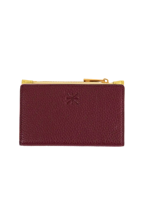 Carteira modular em couro legítimo nas cores burgundy e rosa com bolso removível prático e compartimentos internos para cartões, acabamento refinado de alta qualidade, perfeito para proteger itens essenciais com sofisticação.