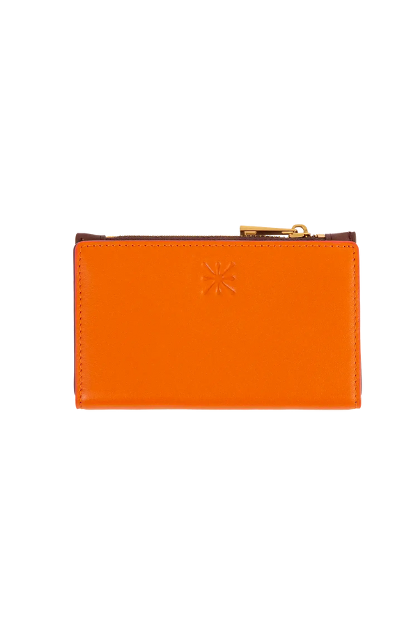 Carteira modular em couro legítimo nas cores laranja e roxo com bolso removível prático e compartimentos internos para cartões, design compacto e funcional que organiza cartões e documentos com extrema elegância no dia a dia.