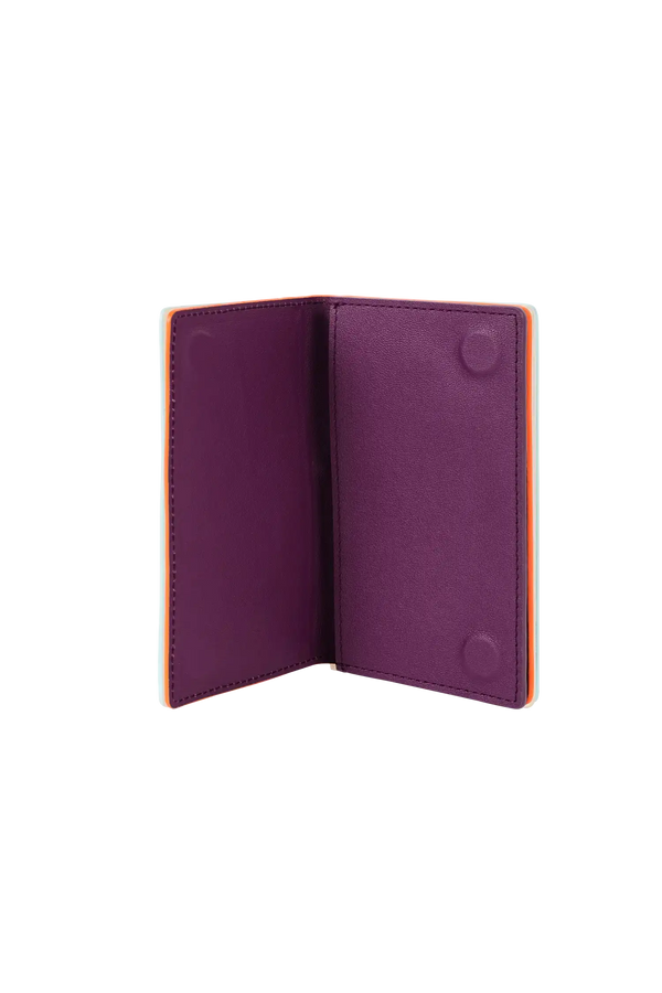 Carteira modular em couro legítimo nas cores laranja e roxo com bolso removível prático e compartimentos internos para cartões, estética minimalista e moderna, ideal para otimizar o espaço na bolsa de forma prática e estilosa.