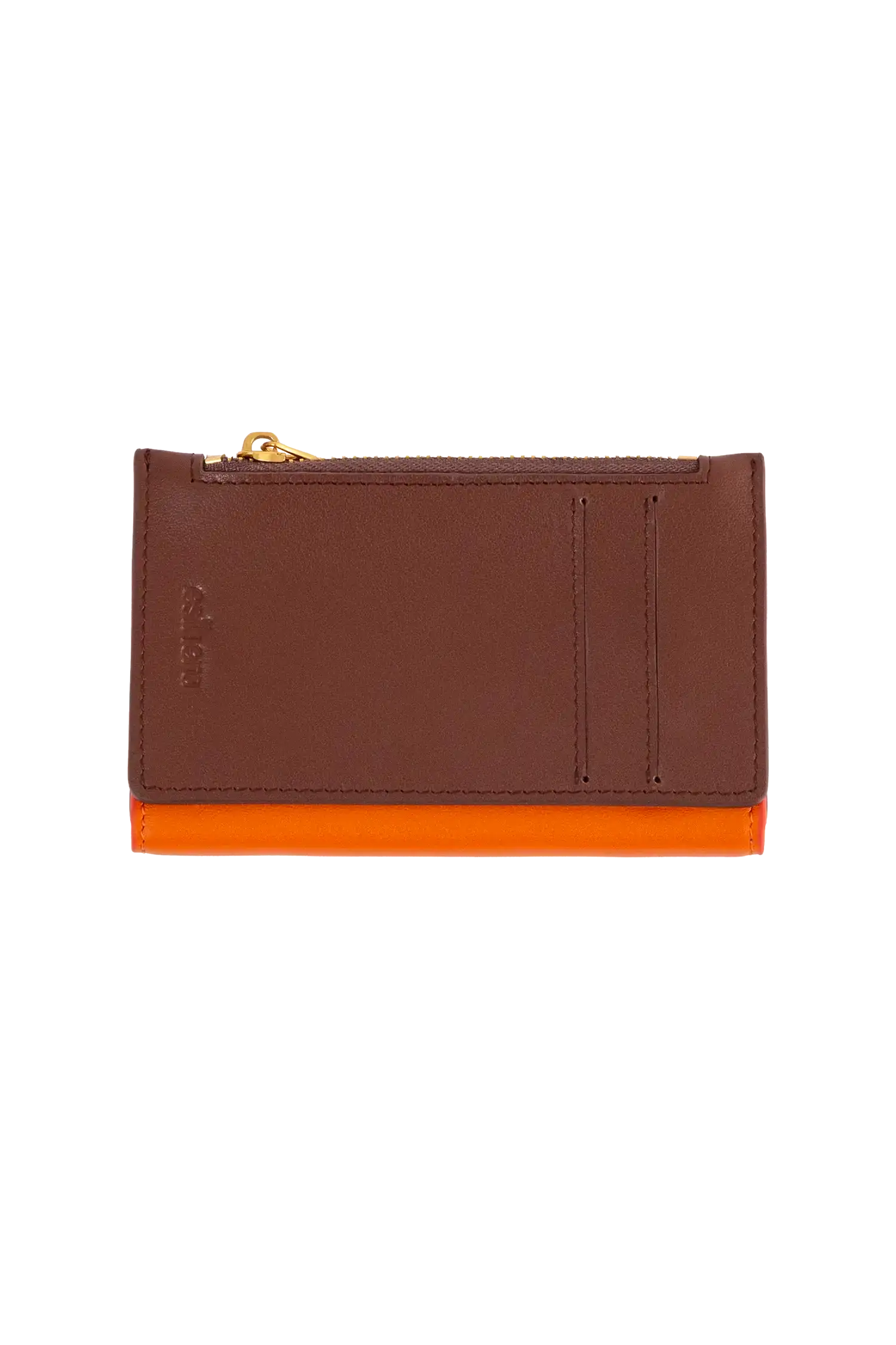 Carteira modular em couro legítimo nas cores laranja e roxo com bolso removível prático e compartimentos internos para cartões, acessório indispensável que combina segurança, alta durabilidade e bom gosto em um perfil executivo atemporal.