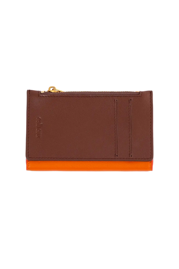 Carteira modular em couro legítimo nas cores laranja e roxo com bolso removível prático e compartimentos internos para cartões, acessório indispensável que combina segurança, alta durabilidade e bom gosto em um perfil executivo atemporal.