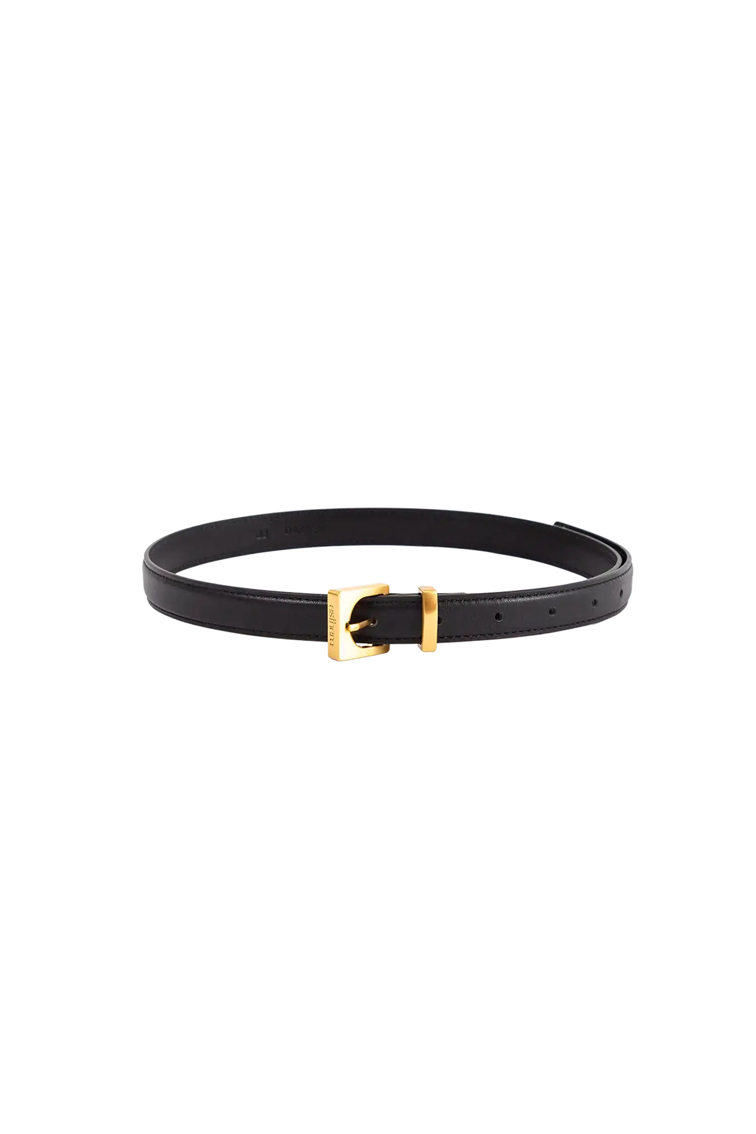 Cinto de couro de 20mm na cor preto com fivela dourada em formato geométrico e estrutura interna acolchoada com enchimento, modelo versátil e elegante que combina praticidade com o refinamento do design de alta qualidade.
